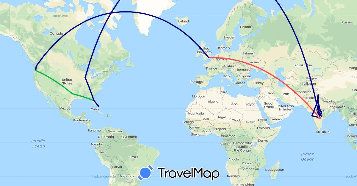 TravelMap itinerary: driving, bus, hiking in Bahamas, United Kingdom, India, United States (Asia, Europe, North America)